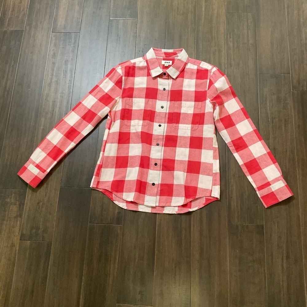 Pact Gingham Plaid Mila Flannel Button Front Red White Long Sleeve Shirt Size S